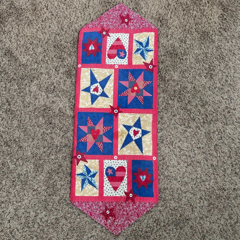 Patriotic Quilted Table Runner and Quilt Square Red White Blue Americana READ